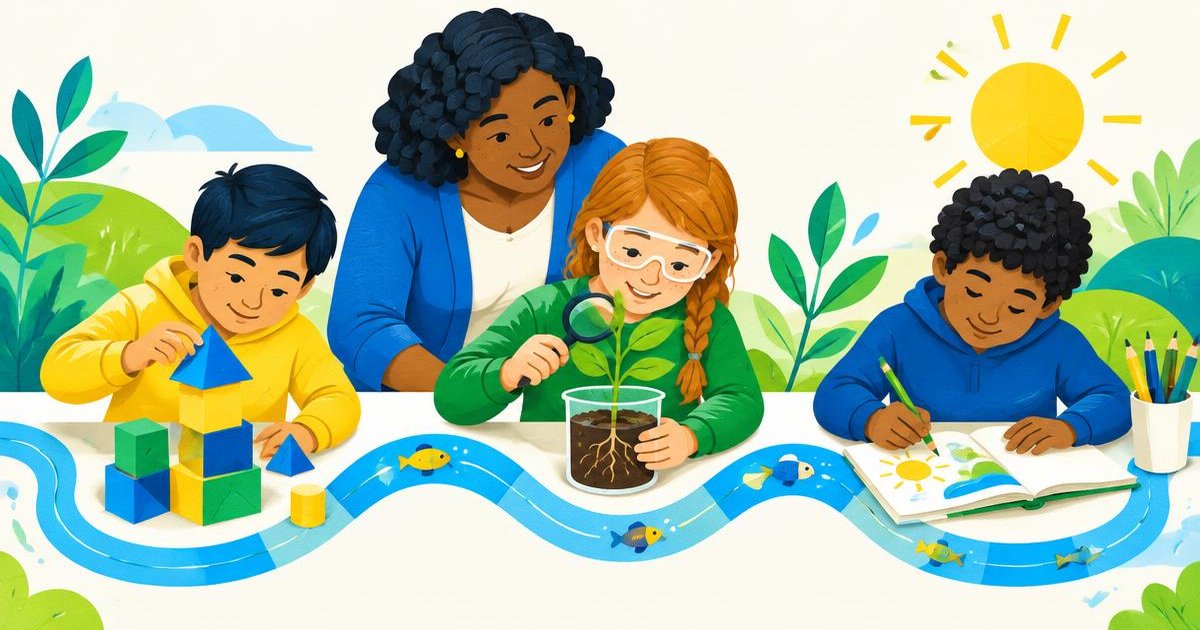 Illustration of a teacher supporting students on different learning activities