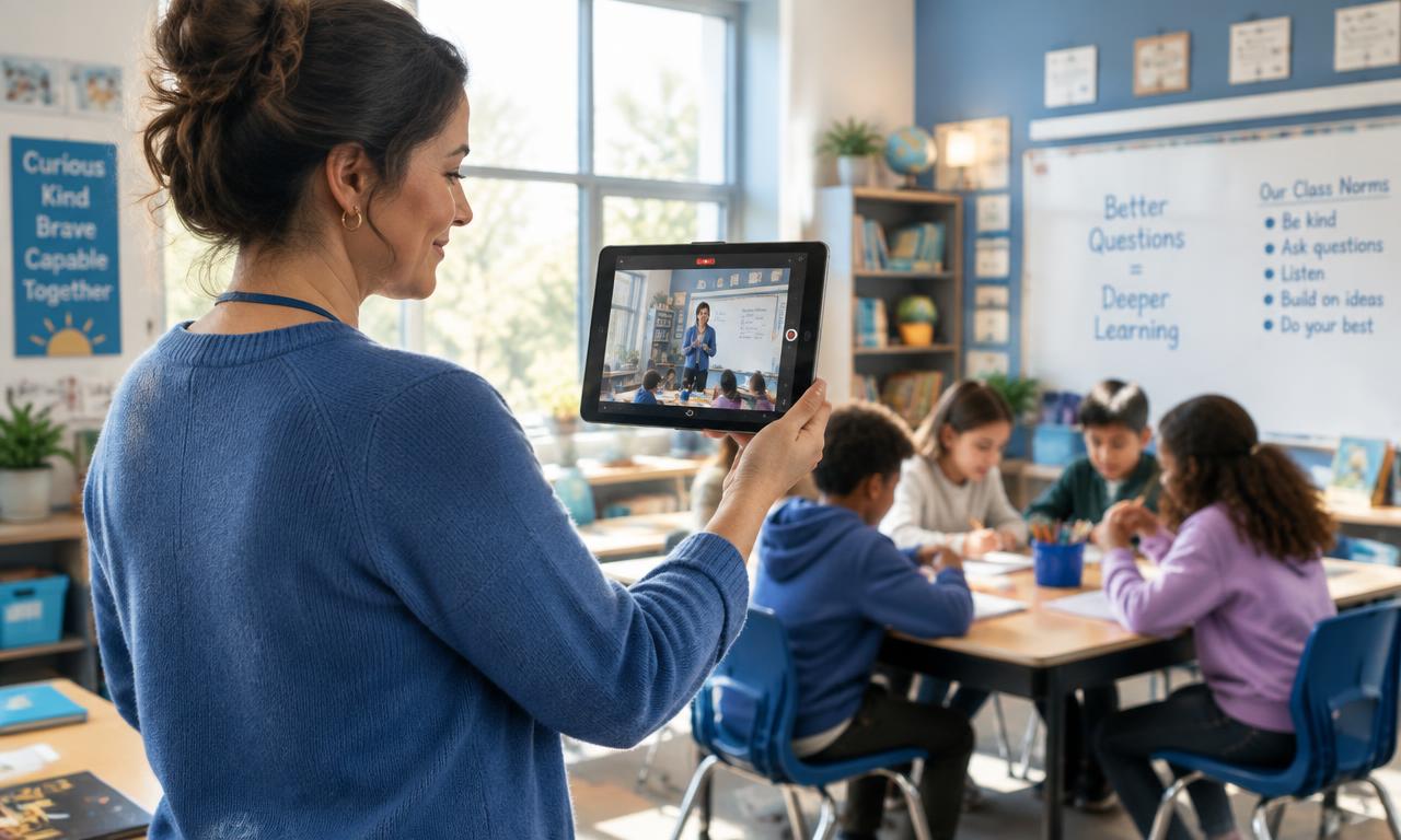 Illustration of a teacher recording a short video of her own lesson, choosing when and what to capture